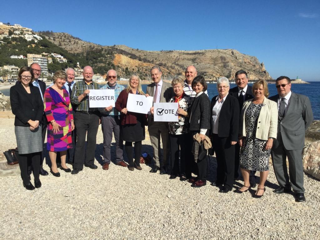 British Ambassador Simon Manley (centre) and expat community representatives gathered in Javea, Alicante province, to urge expats to Register to Vote.