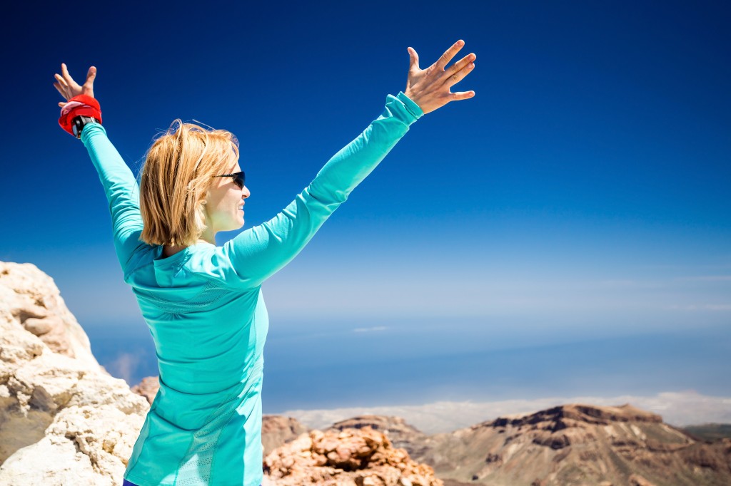 Hiking Success, Woman On Trail In Mountains